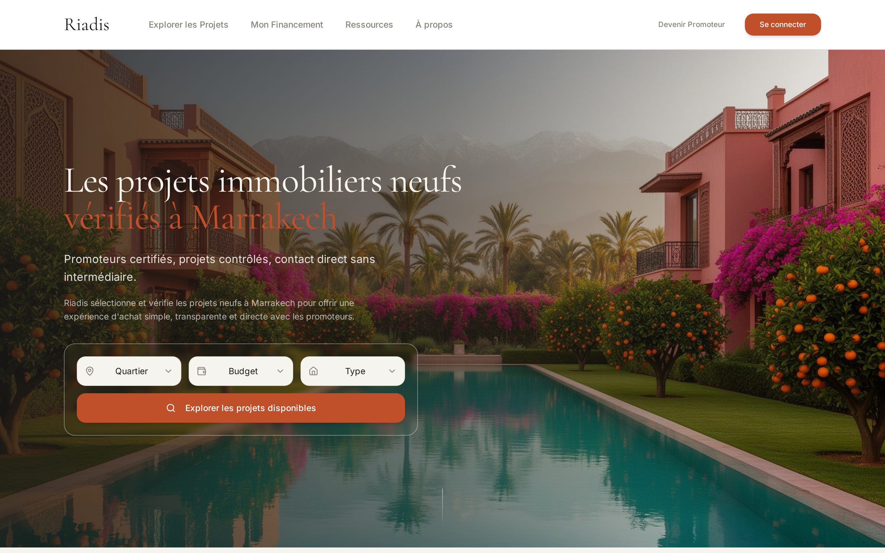 RIADIS.ma homepage: verified new property developments in Marrakech with the buyer search portal.