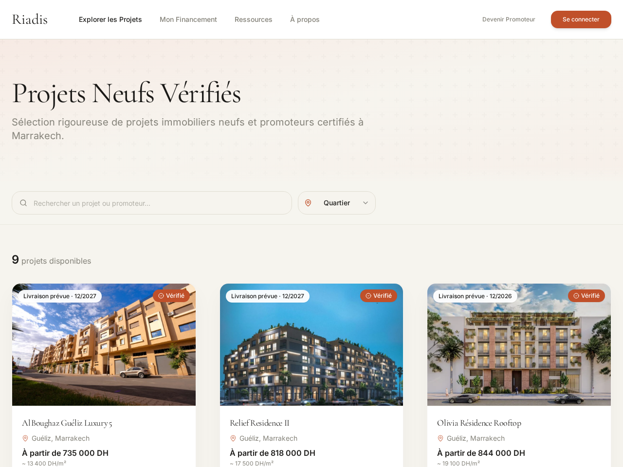 RIADIS.ma catalogue with buyer search and neighbourhood filter
