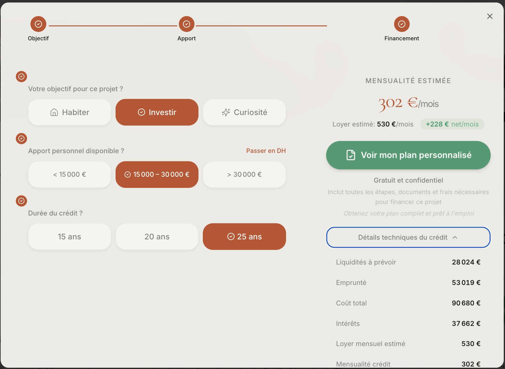 RIADIS.ma embedded mortgage calculator showing investment objective, deposit and loan-term choices alongside estimated repayments and credit details